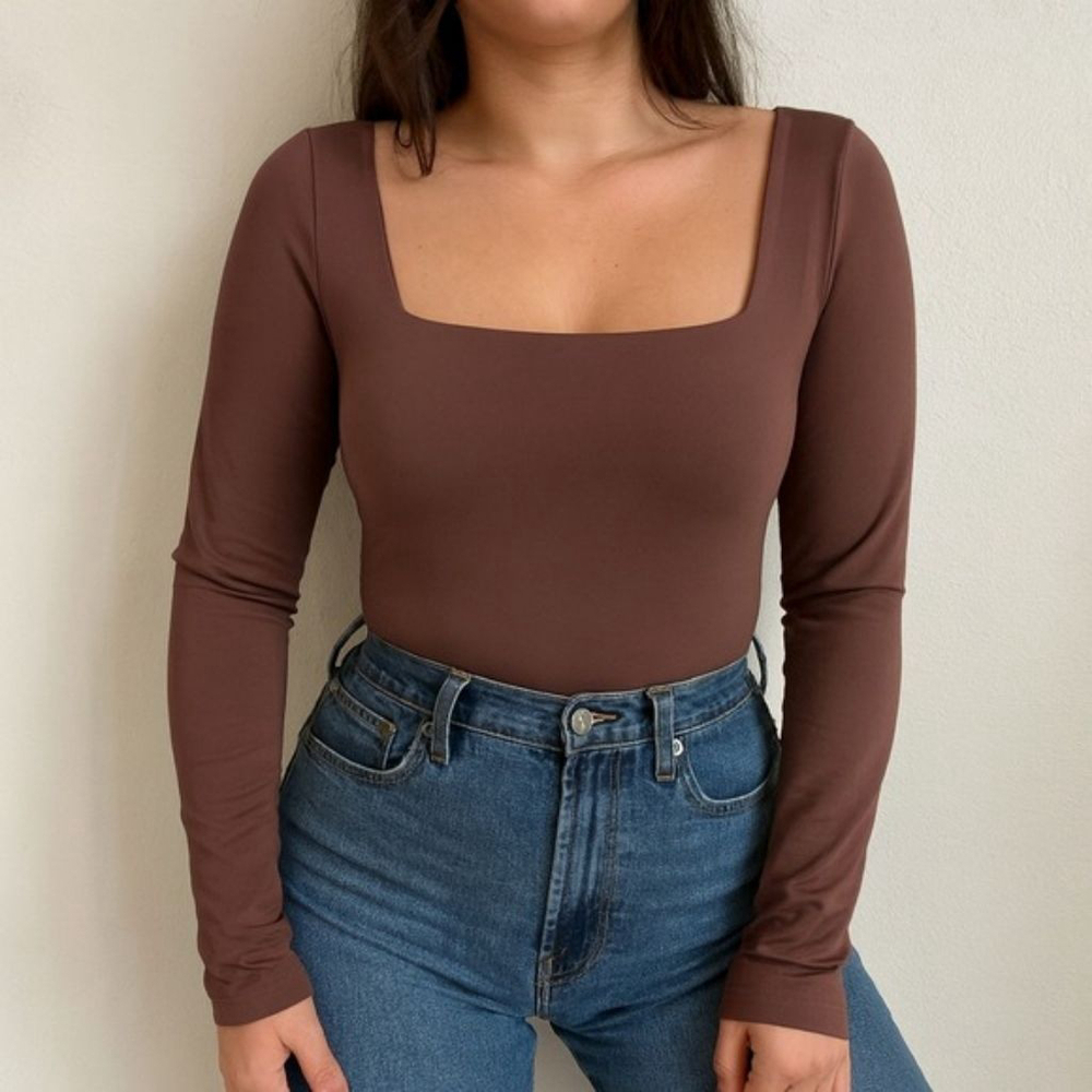 Aritzia Babaton Casual Contour Squareneck Bodysuit coffee bean brown long slv XS